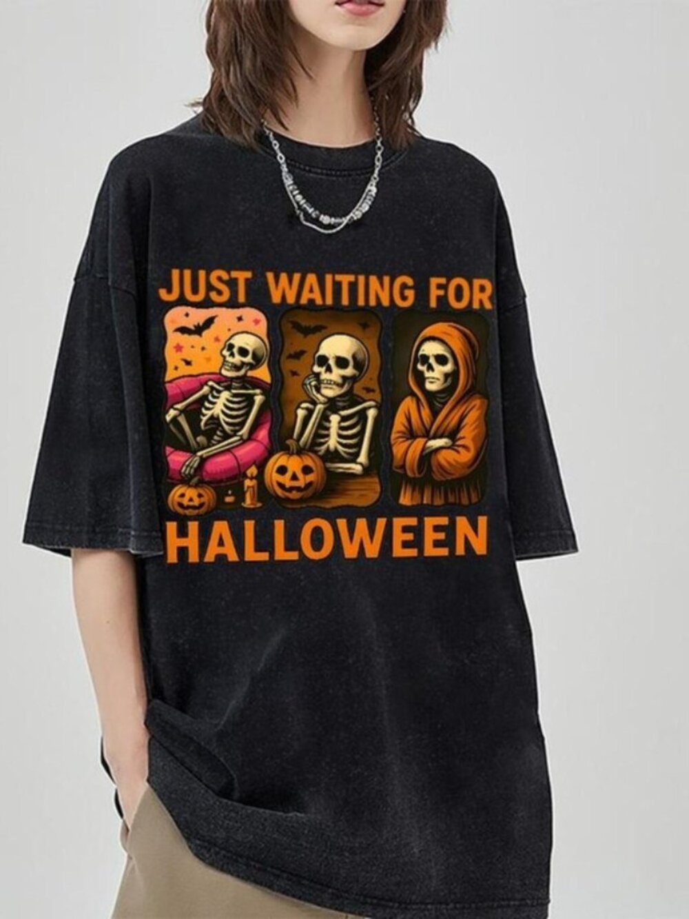 Just Waiting For Halloween T-shirt, Funny Skeleton Tee